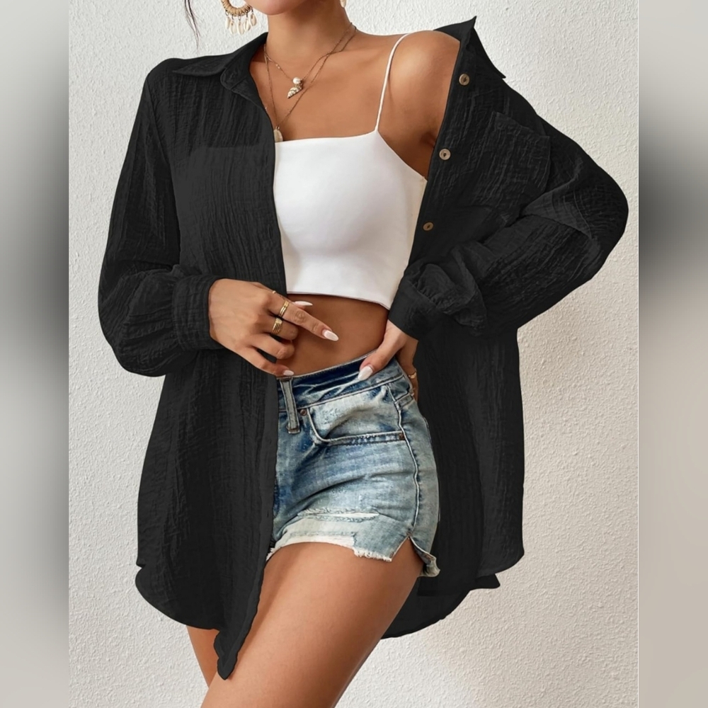 Bsubseach Button-Down Swimsuit Coverup & Oversized Blouse | Size L - Picture 3 of 5